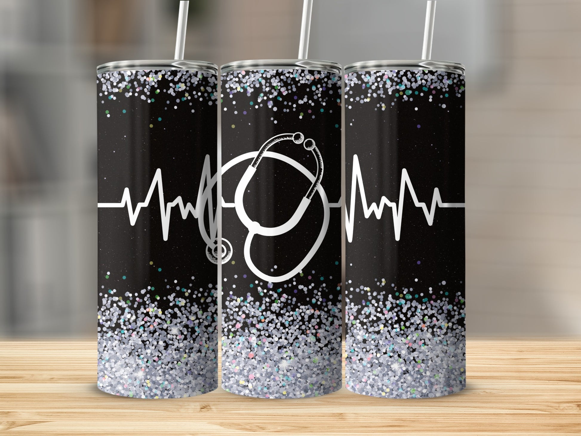 Black glitter tumbler with stethoscope and heartbeat graphic.