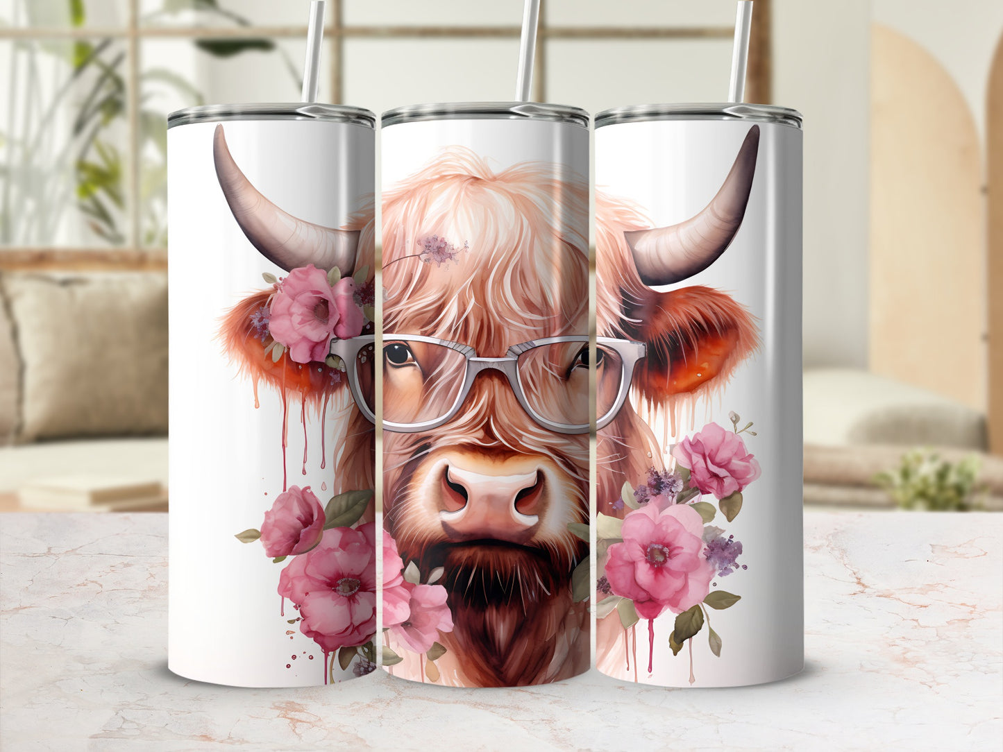 Highland cow with glasses and pink flowers, abstract background.