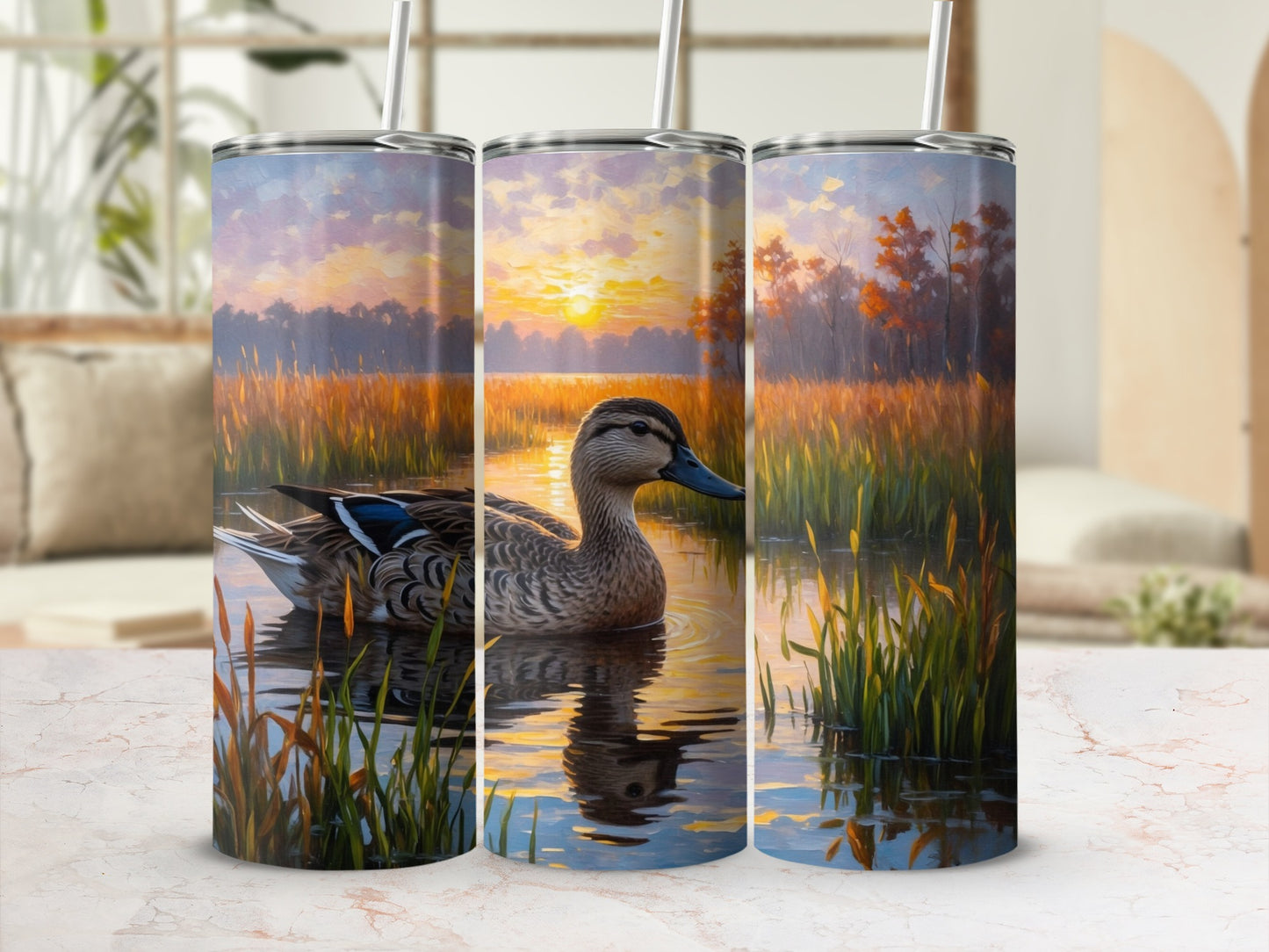 Mallard duck on water at sunset with painted forest background.
