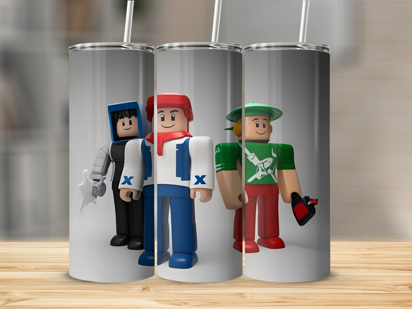 Three Roblox characters in a line, each holding a drink and wearing different colored outfits.