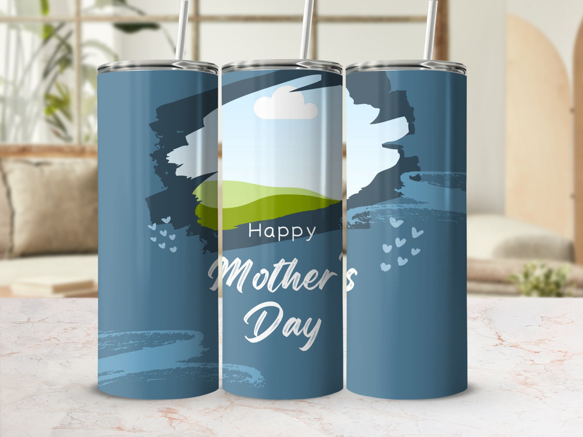 Tumblers with a blue background and white hearts, featuring "Happy Mother's Day" text.