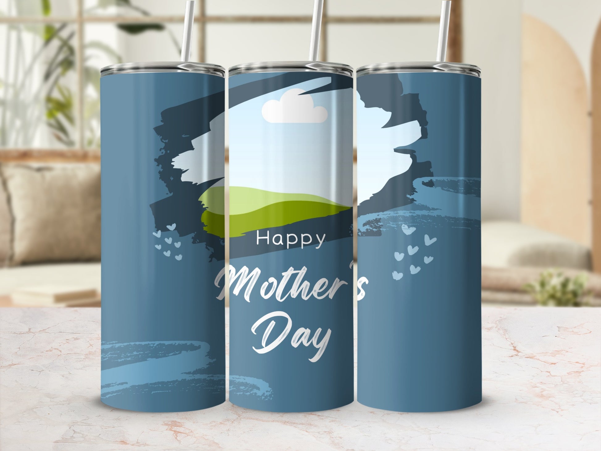 Tumblers with a blue background and white hearts, featuring "Happy Mother's Day" text.