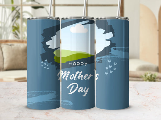 Tumblers with a blue background and white hearts, featuring "Happy Mother's Day" text.