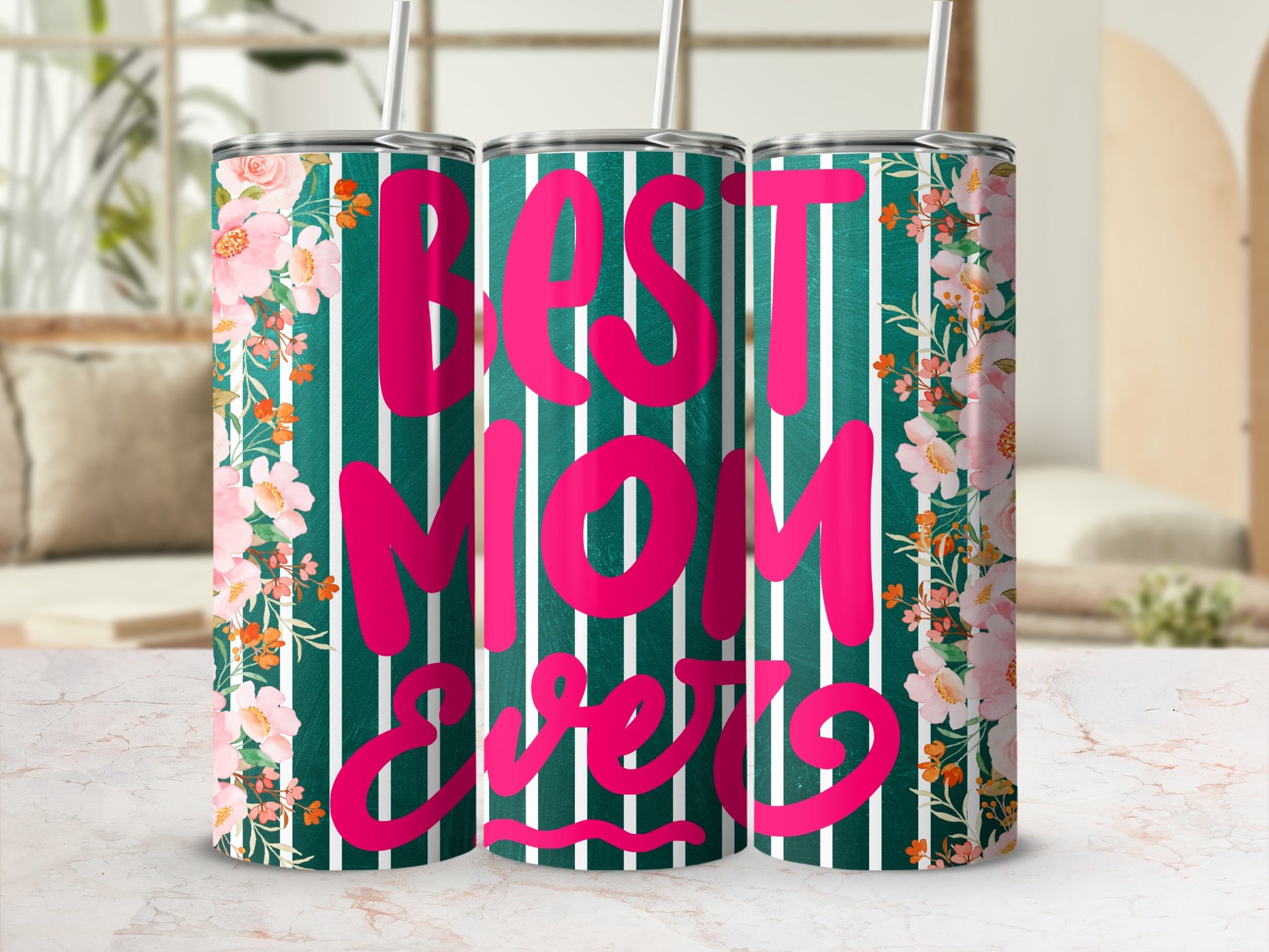 Best Mom Ever Floral Striped Design Tumbler