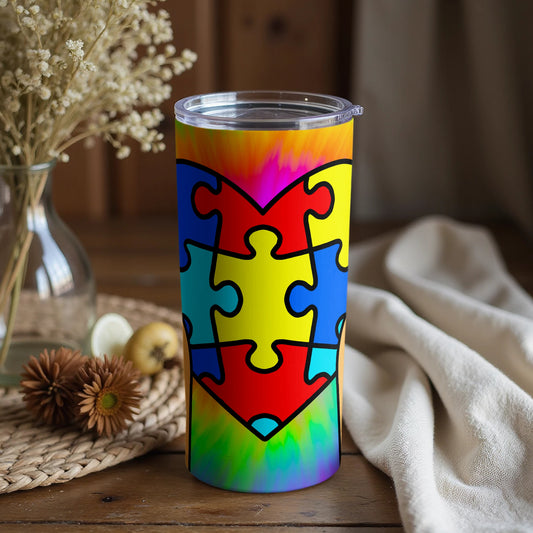 Vibrant Puzzle Heart Design Tumbler With Lid