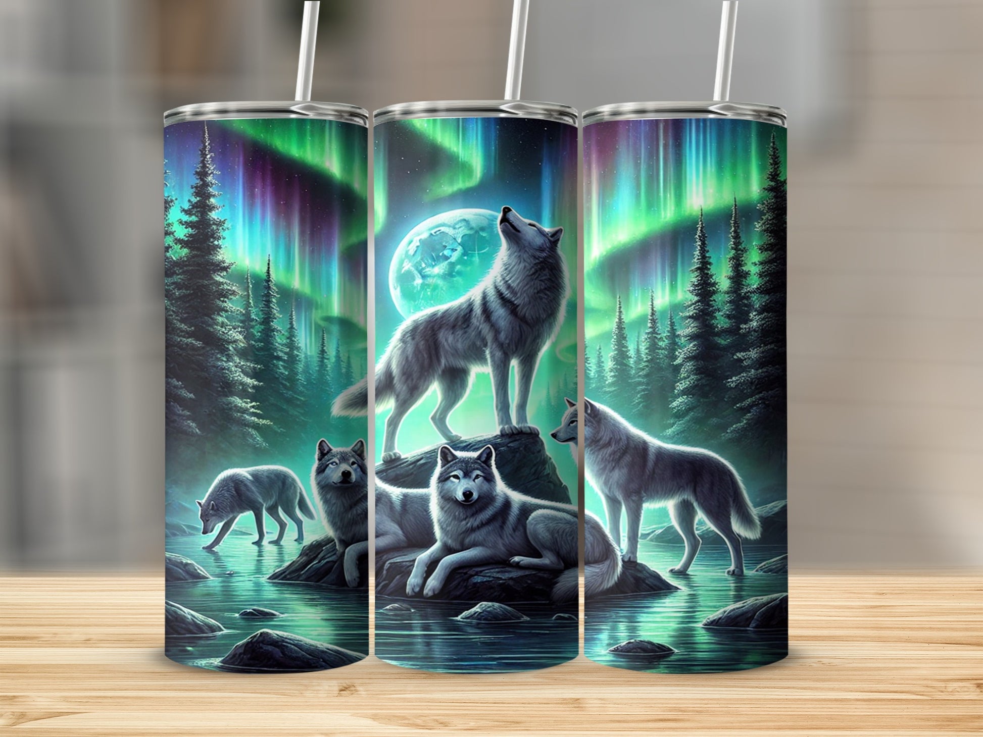 Northern Lights Wolves with Full Moon Tumbler product