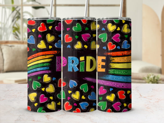 Black tumbler with colorful hearts and rainbow stripes, reading "Pride".
