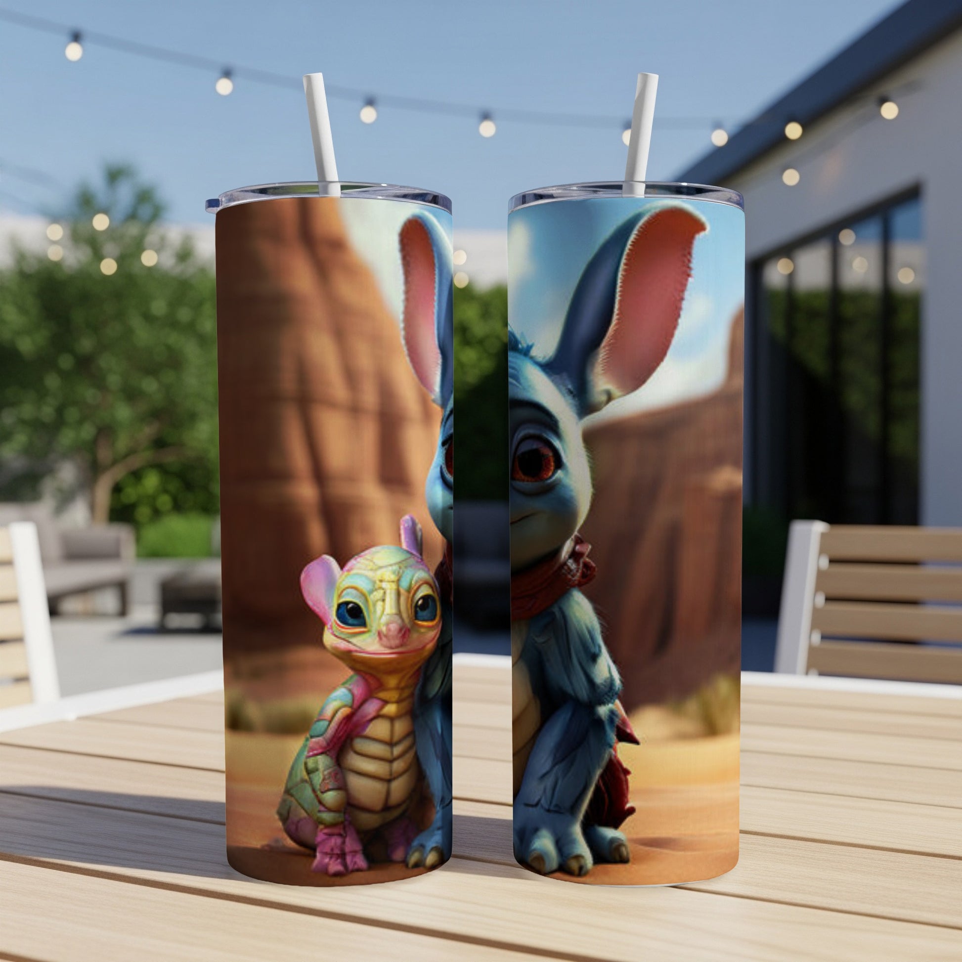 Two tall tumblers with cartoon alien characters, one green reptile-like, one blue with large ears.