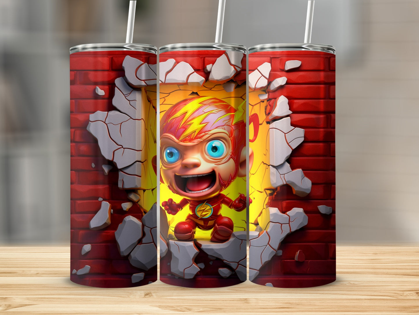 Flash Inspired Cartoon Tumbler with Cracked Wall Design