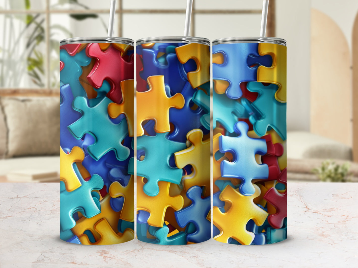 Tumbler with colorful, interlocking puzzle pieces pattern.