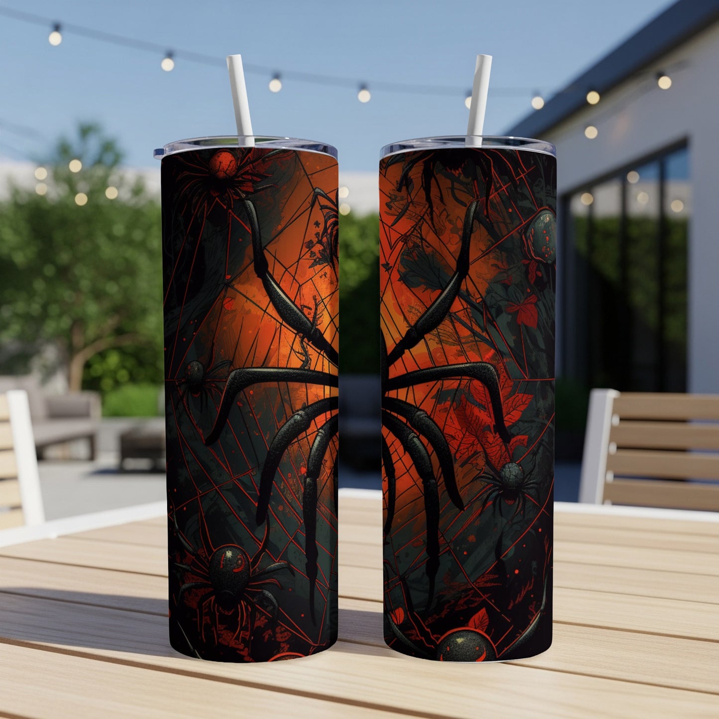 Two tumblers with a dark spiderweb and red spider pattern.