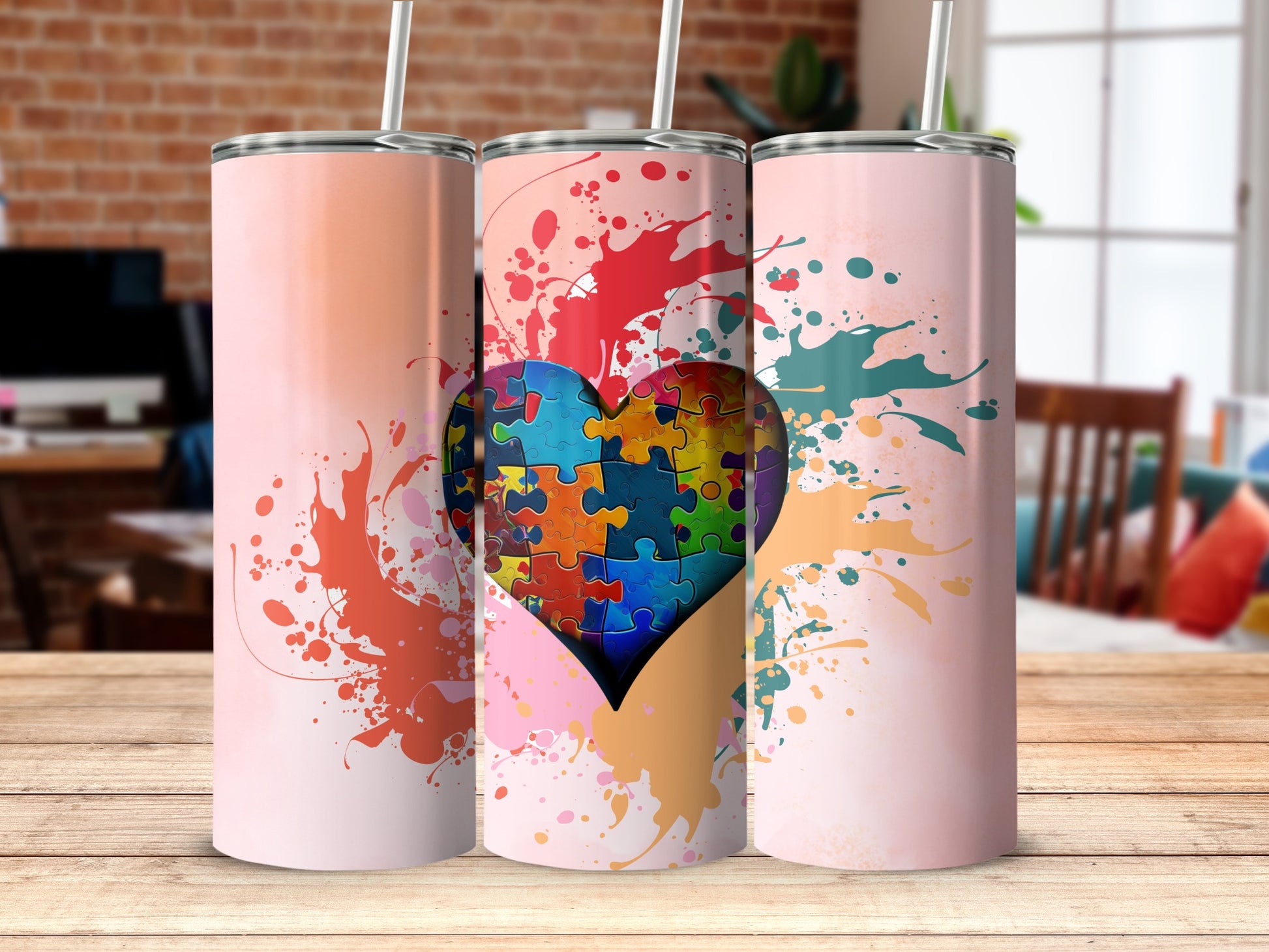Puzzle Piece Heart Design on Colorful Splash Tumblers