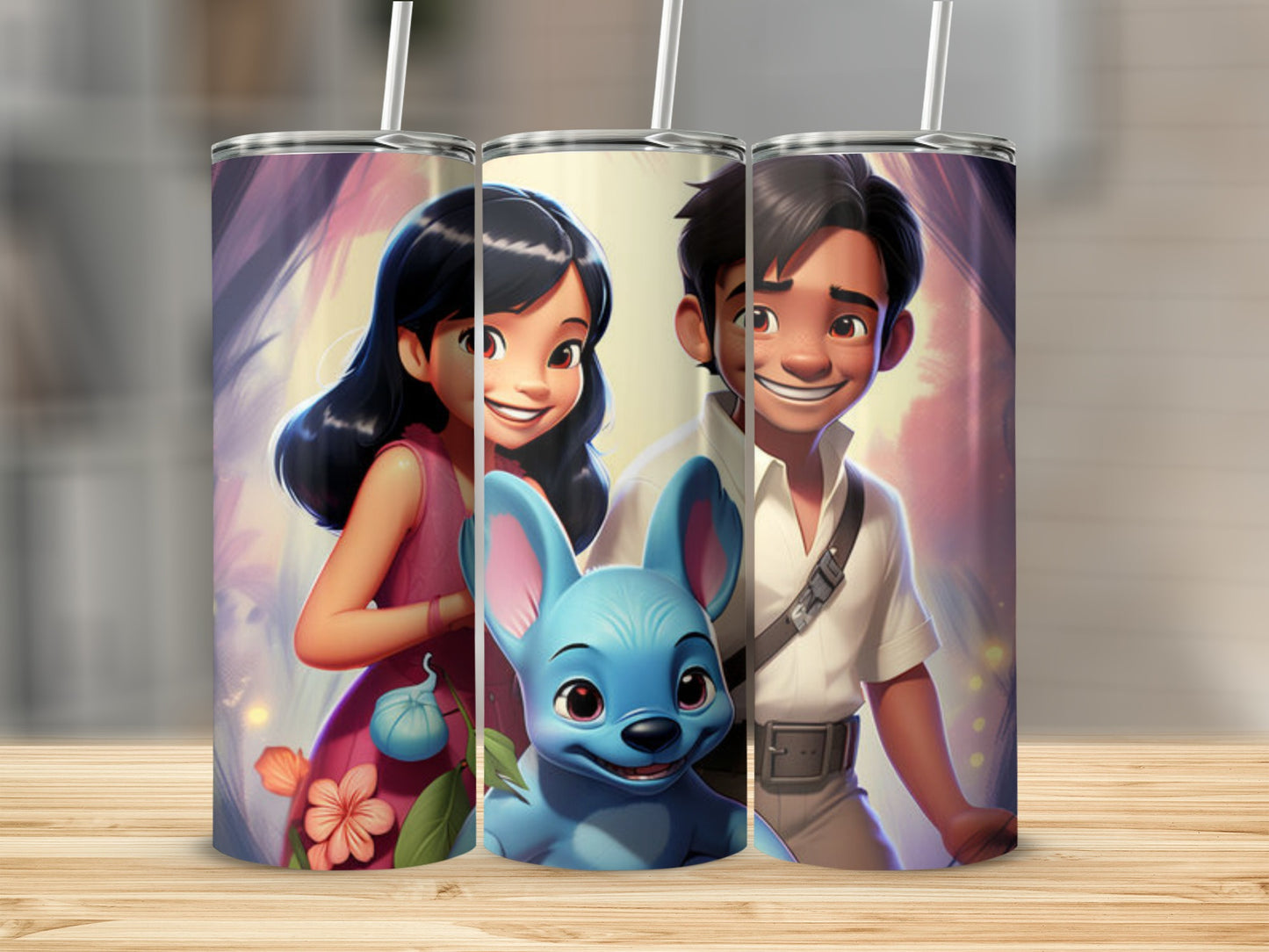 Animated characters girl, boy, and blue creature on a tumbler.