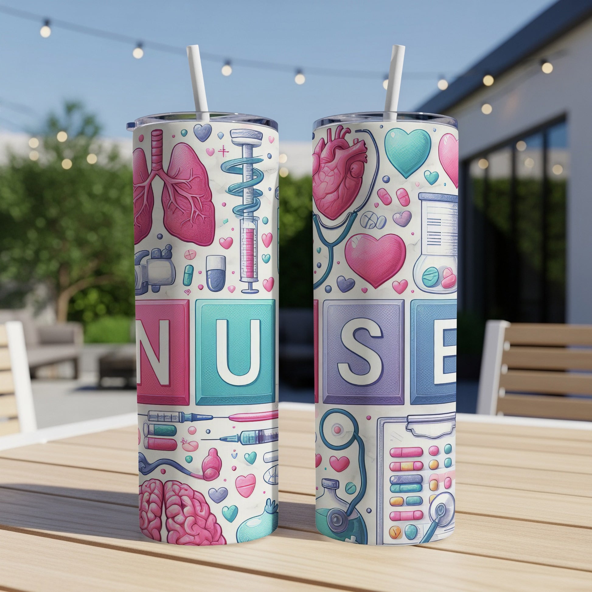 Two nurse-themed tumblers with medical icons and the word "NURSE."