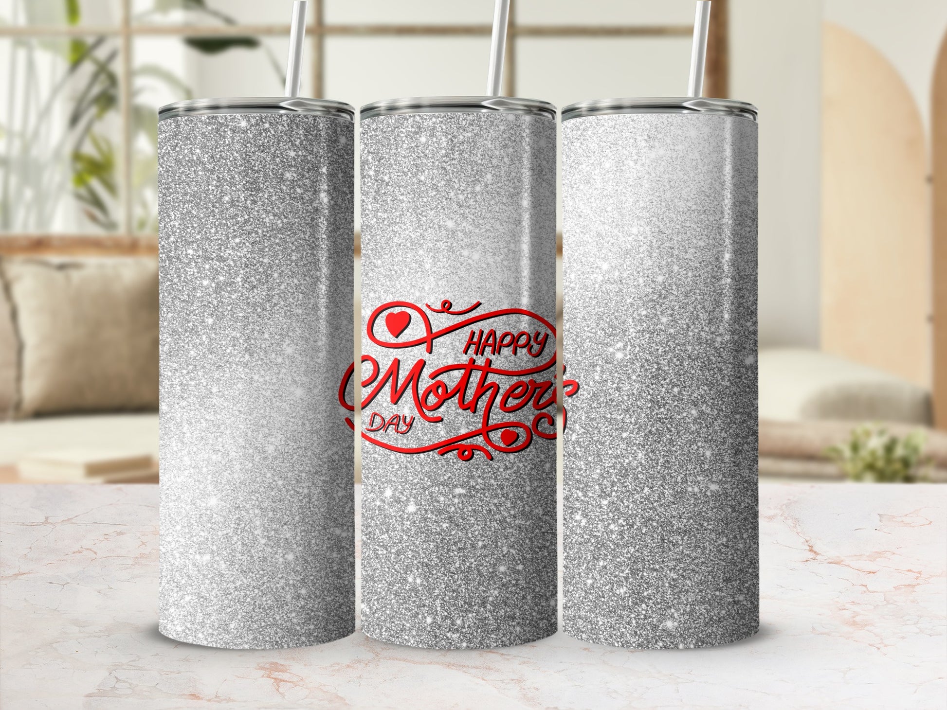 Three silver glitter tumblers with "Happy Mother's Day" text.