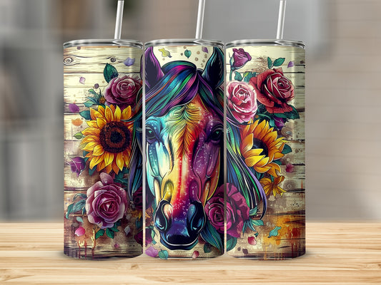Colorful horse portrait with sunflowers and roses on a wood-grain tumbler.