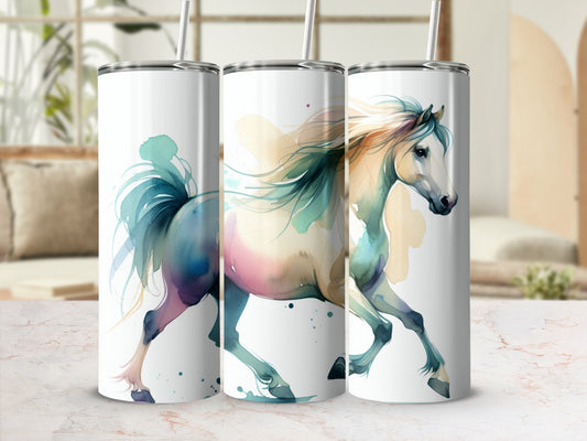 Watercolor horse design on three white tumblers with straws.