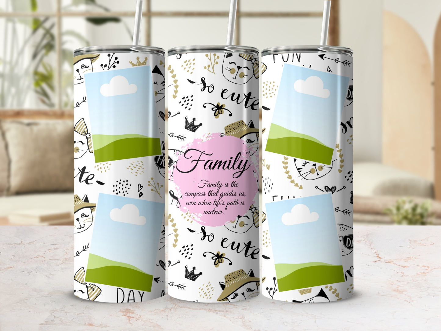 Tumblers with white background, cat drawings, and quote about family.