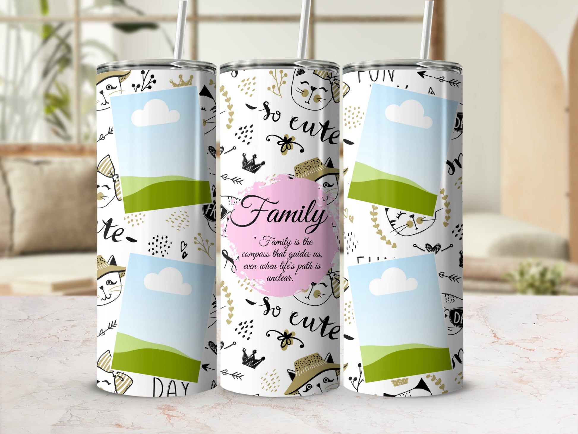 Tumblers with white background, cat drawings, and quote about family.