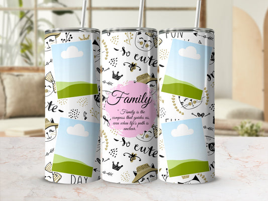 Tumblers with white background, cat drawings, and quote about family.