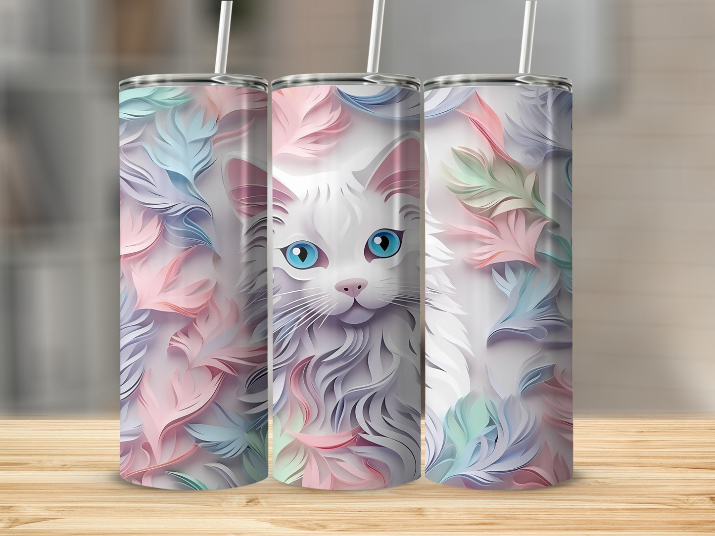 Three skinny tumblers featuring a stylized white cat with blue eyes and pastel feathers.