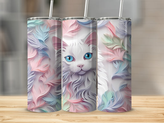 Three skinny tumblers featuring a stylized white cat with blue eyes and pastel feathers.