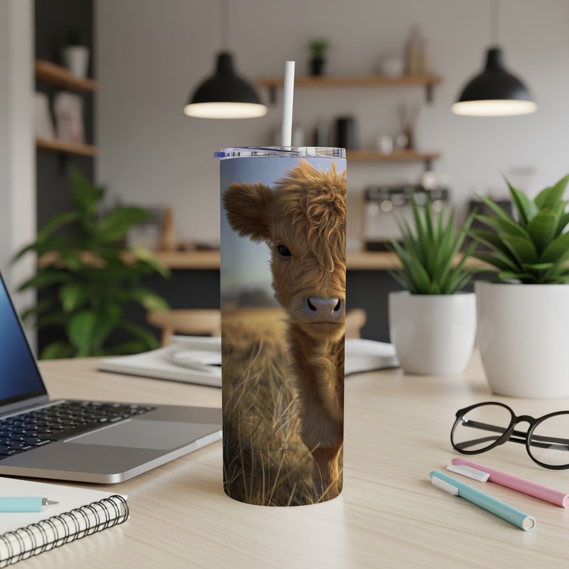 Young Highland cow on a grassy field, printed on a white tumbler.