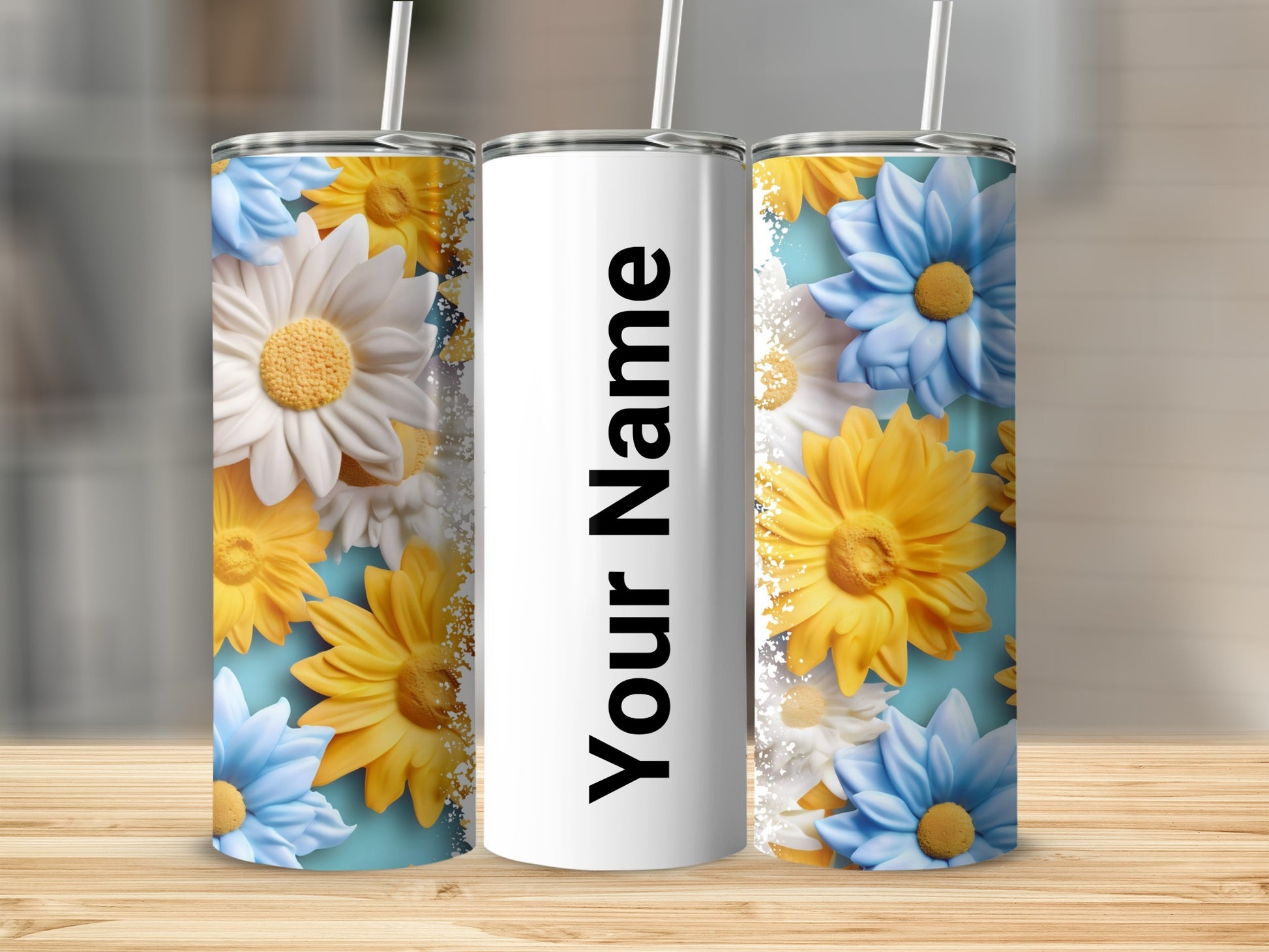 Personalized Floral Print Tumbler with Straw