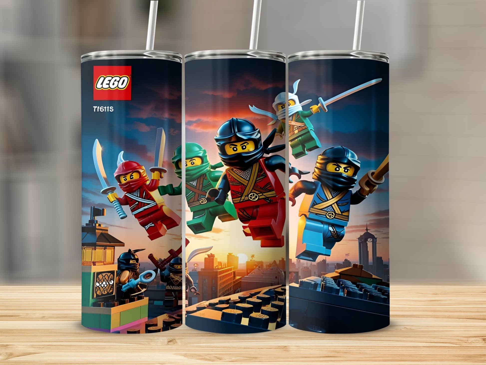 LEGO Ninjago characters in action poses against a city skyline.