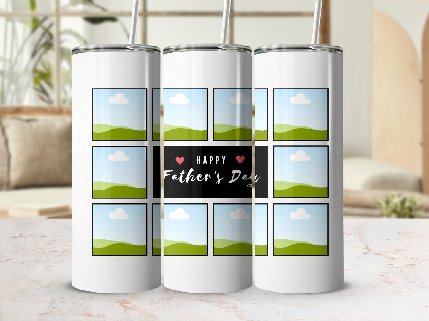Three white tumblers display a grid of landscape images and "Happy Father's Day" text.