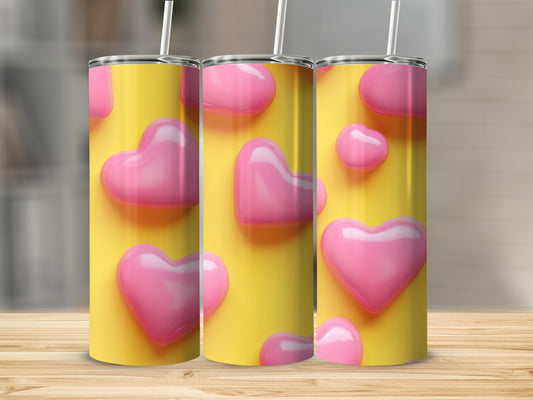 Pink Hearts on Yellow Background Print Tumbler
