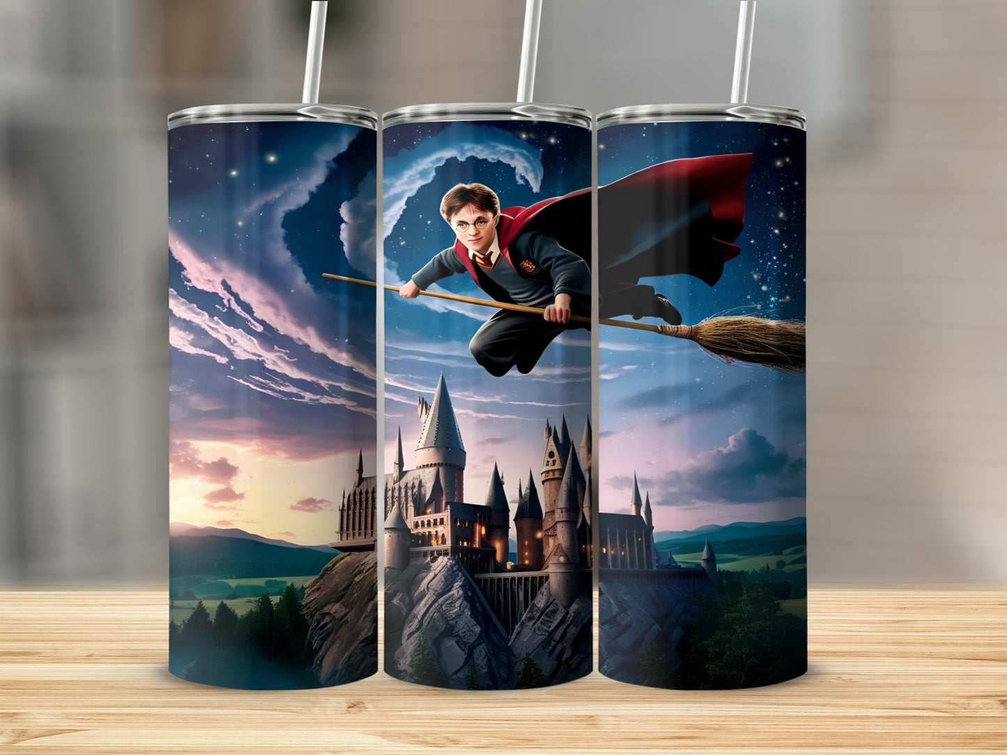 Harry Potter flying on a broomstick past Hogwarts castle at sunset.