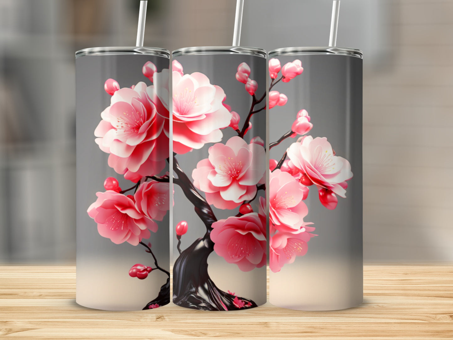 Three tumblers featuring a dark branch with vibrant pink cherry blossoms.