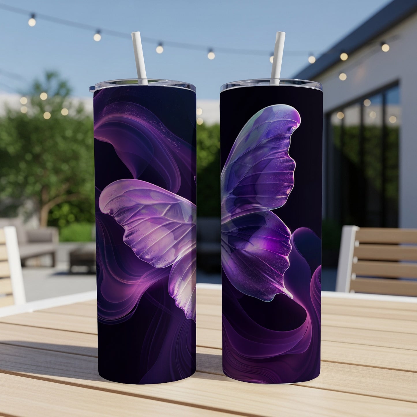 Two tumblers with a purple butterfly wing design, placed outdoors.