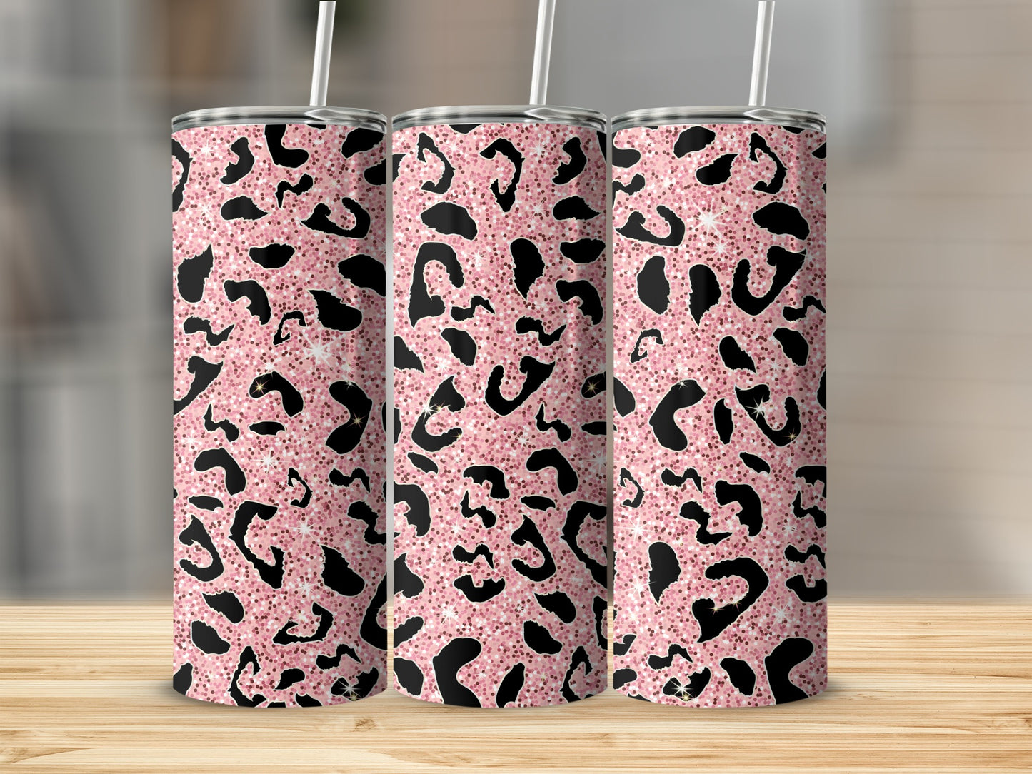 Pink and Black Leopard Print Tumbler with Straw