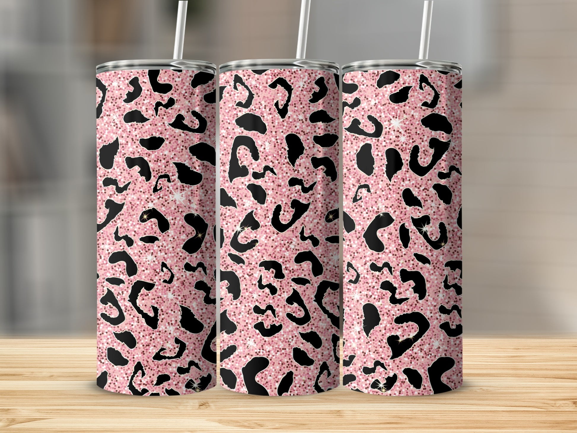 Pink and Black Leopard Print Tumbler with Straw