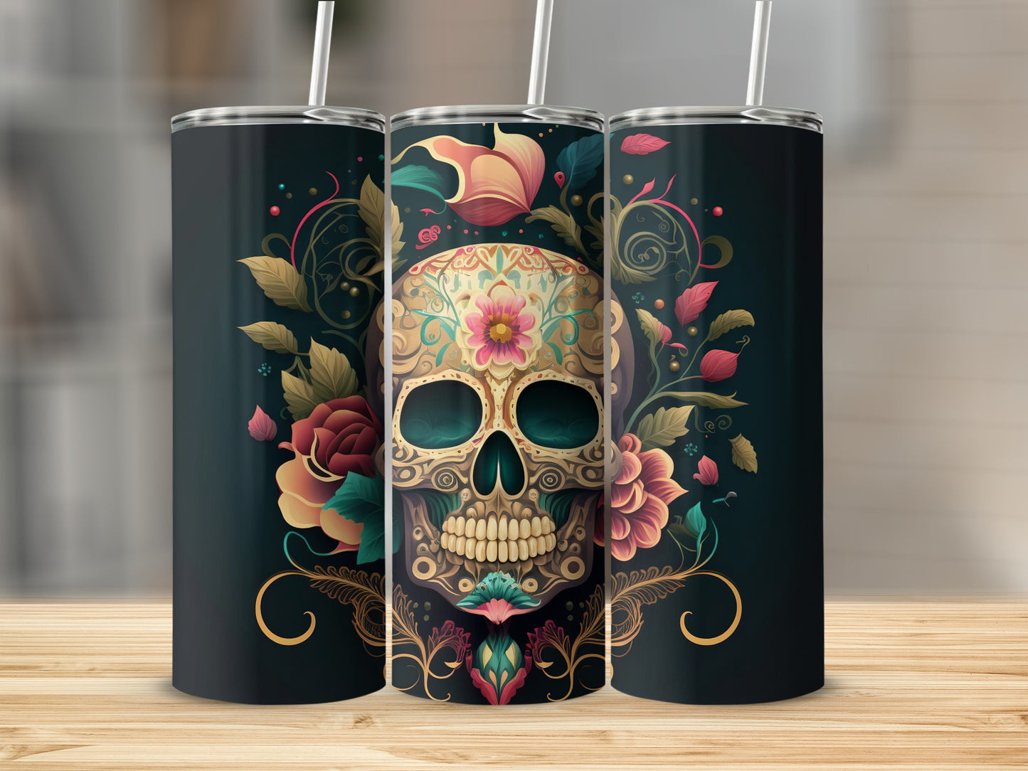 Colorful Floral Skull Design Tumbler With Black Background