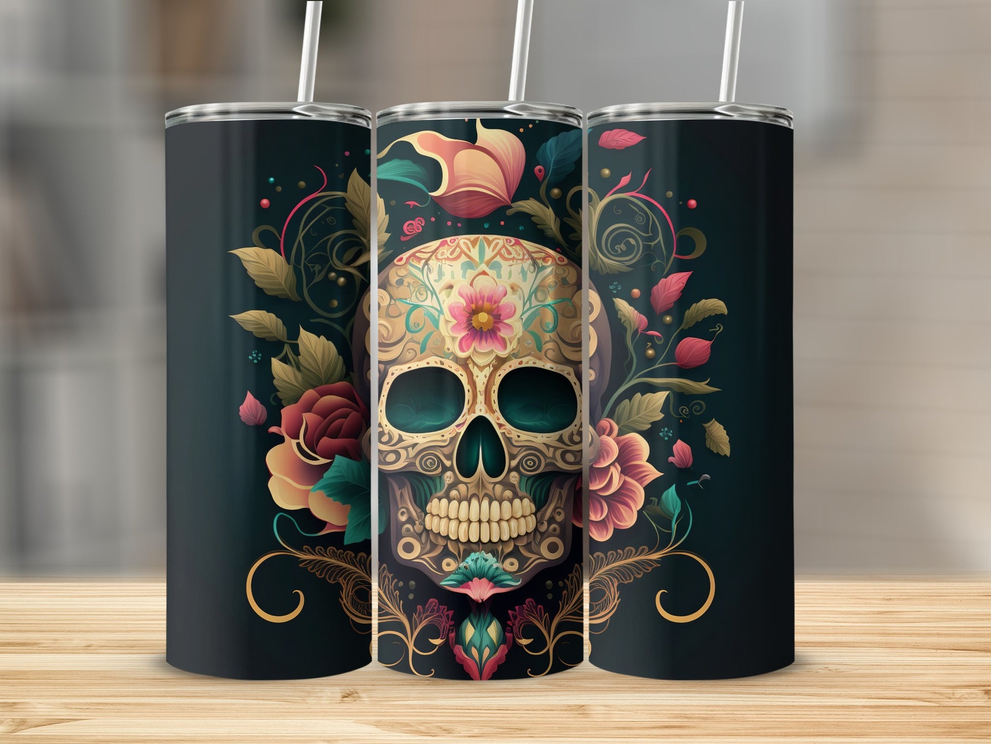 Colorful Floral Skull Design Tumbler With Black Background