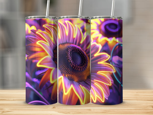 Three tumblers with a glowing neon sunflower design.