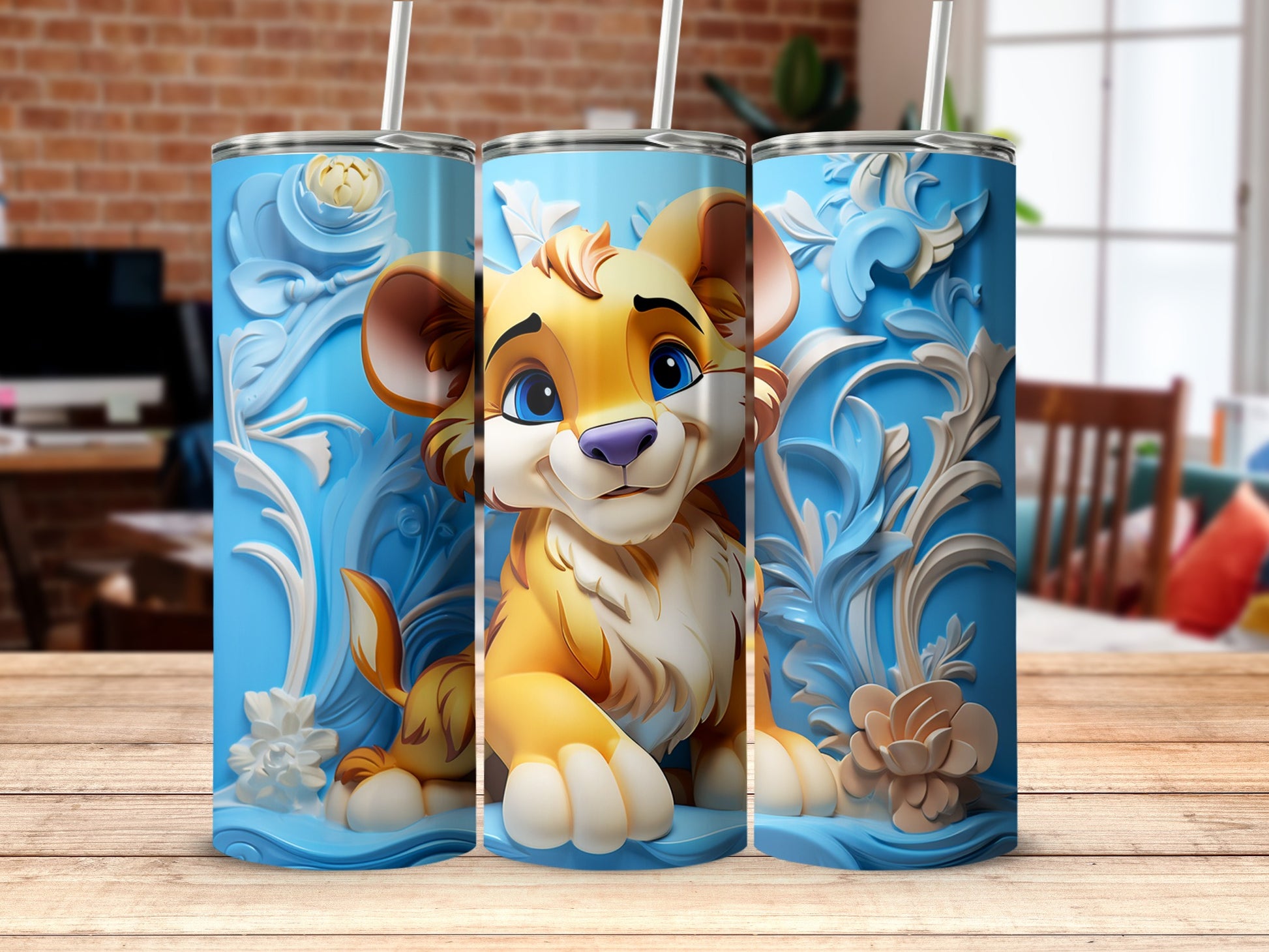 Cute Lion Cub Stainless Steel Tumbler with Straw
