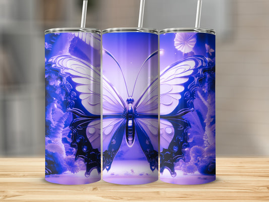 Purple butterfly tumbler with blue floral accents and straw.