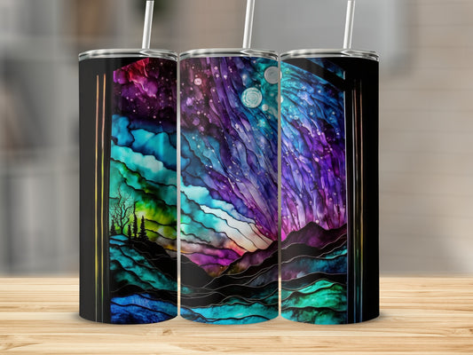 Three tumblers with abstract cosmic landscape designs.