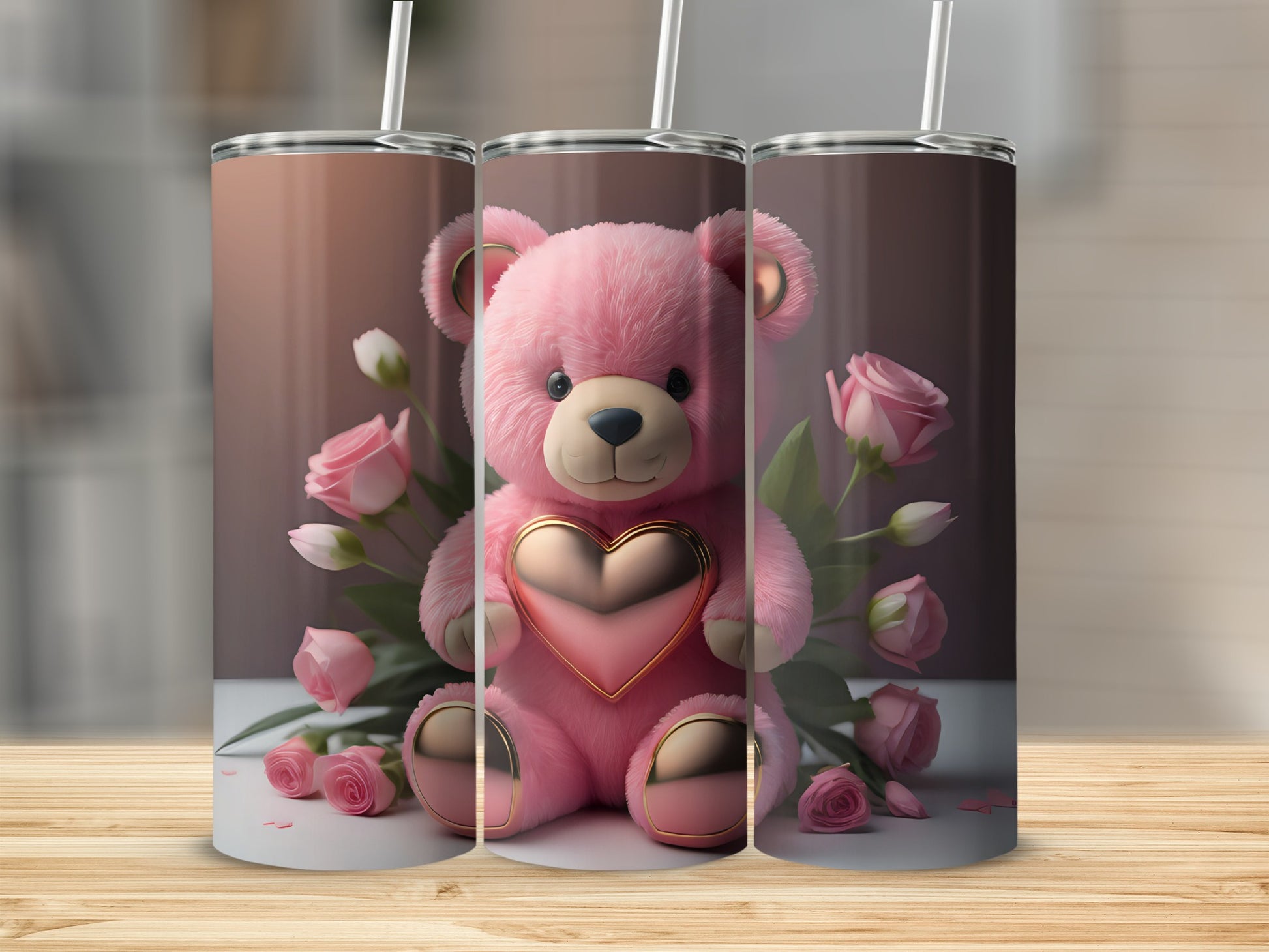 Adorable Pink Teddy Bear with Roses Tumbler Gift