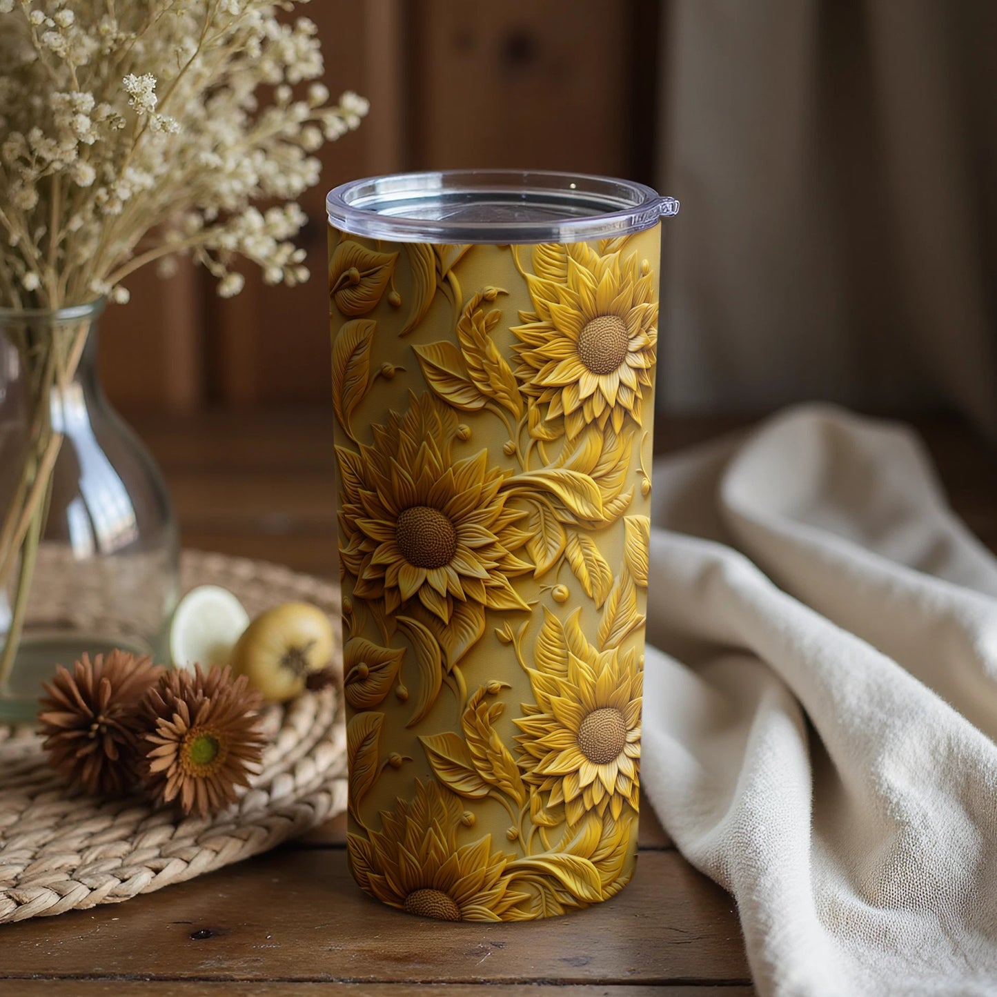 Sunflower Embossed Yellow Travel Tumbler with Lid
