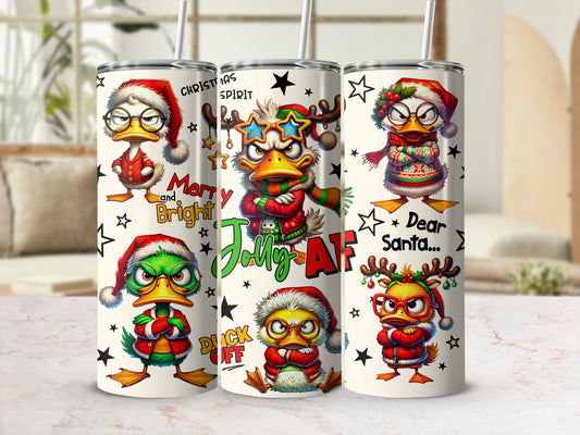 Three festive Christmas tumblers with cartoon ducks, featuring slogans like "Merry and Bright" and "Dear Santa."