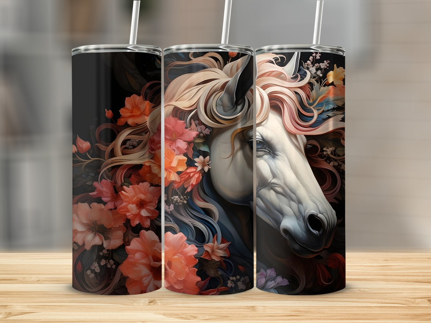 Majestic Floral Horse Design Tumbler for Elegant Sipping