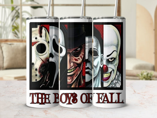 Three tumblers featuring horror movie villains: Ghostface, Michael Myers, Pennywise.