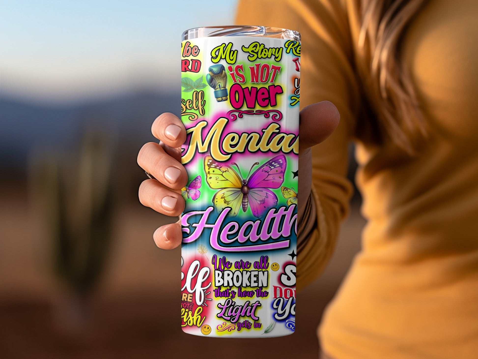 Mental Health Awareness Tumbler with Colorful Quotes