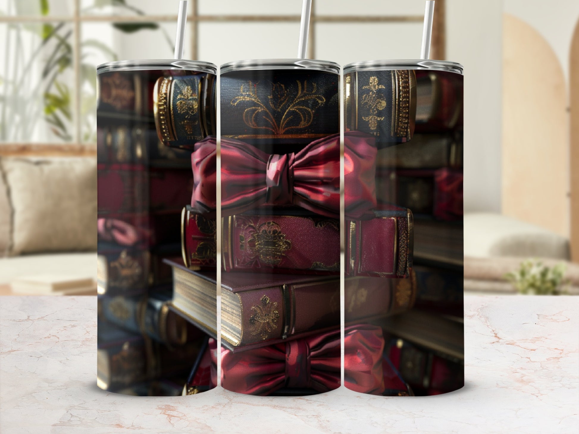 Stack of vintage books with red ribbon and gold accents.