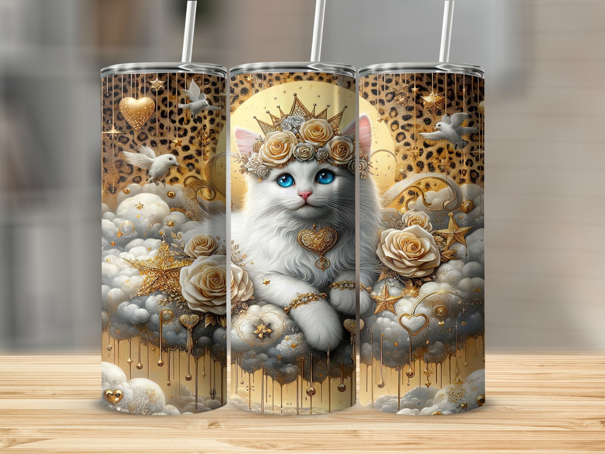 White cat wearing crown and jewelry on clouds, surrounded by golden stars and flowers.